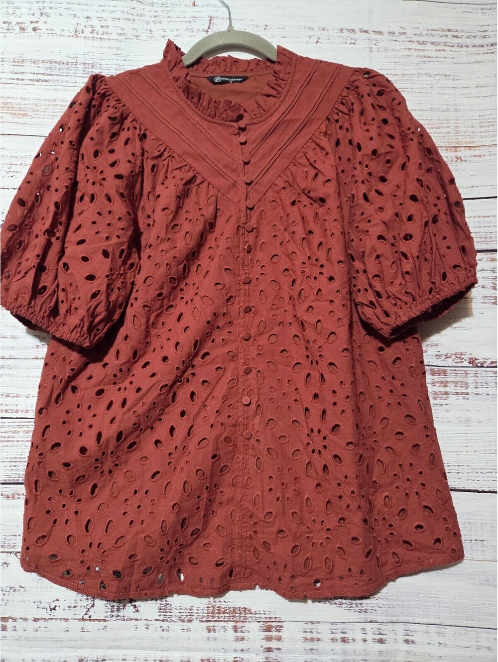 PrettyGarden Women's Rust Orange Eyelet Cotton Blouse, Size Small